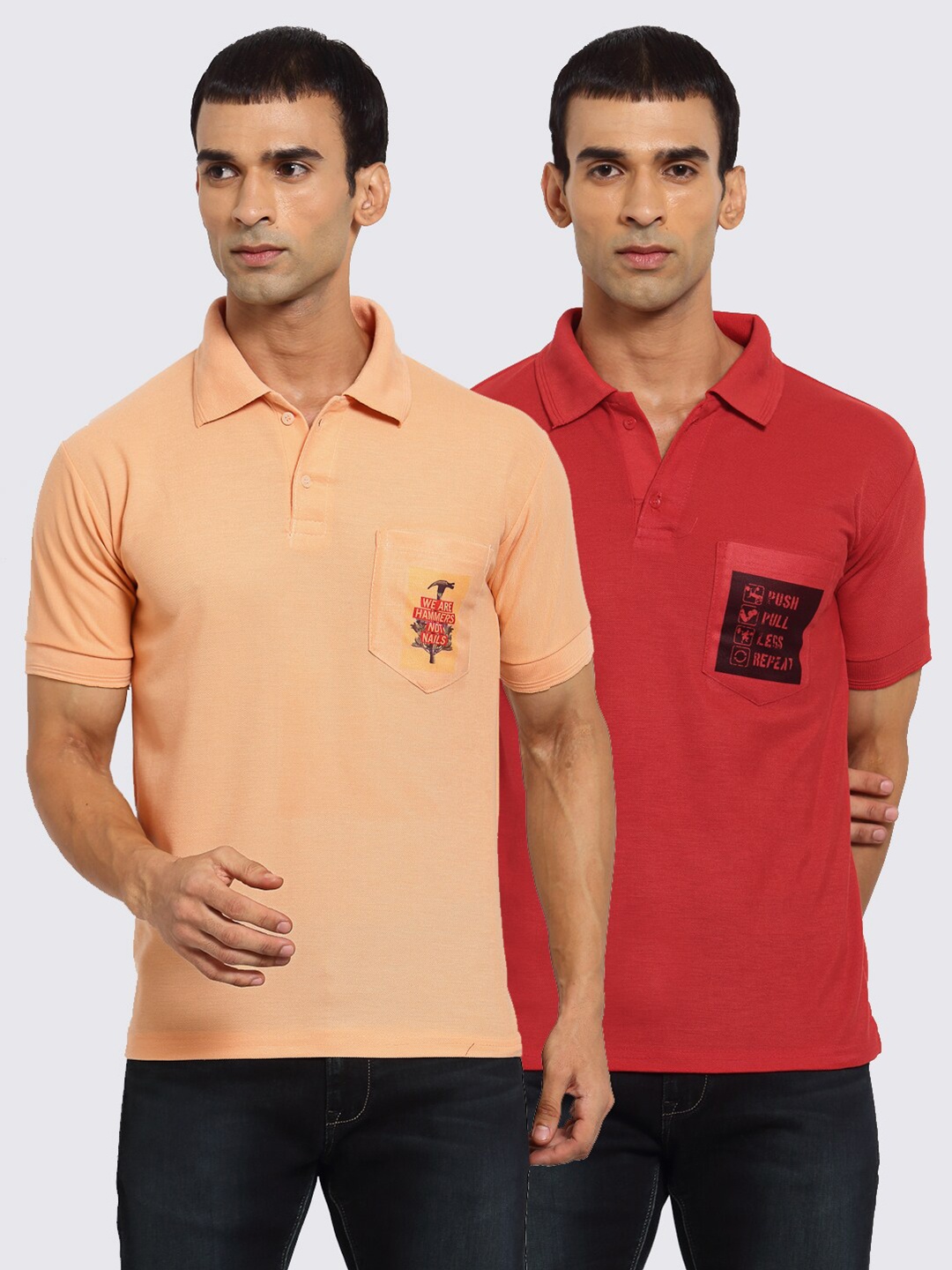 

KLOTTHE Pack of 2 Men Peach & Red Printed Polo Collar T-shirt