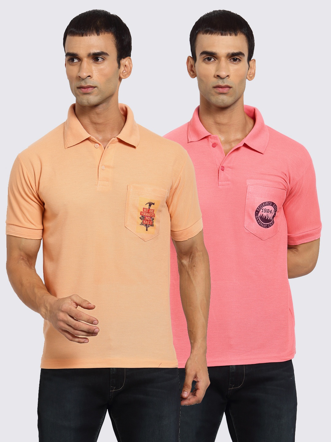 

KLOTTHE Pack of 2 Men Peach & Pink Printed Polo Collar Pockets T-shirt