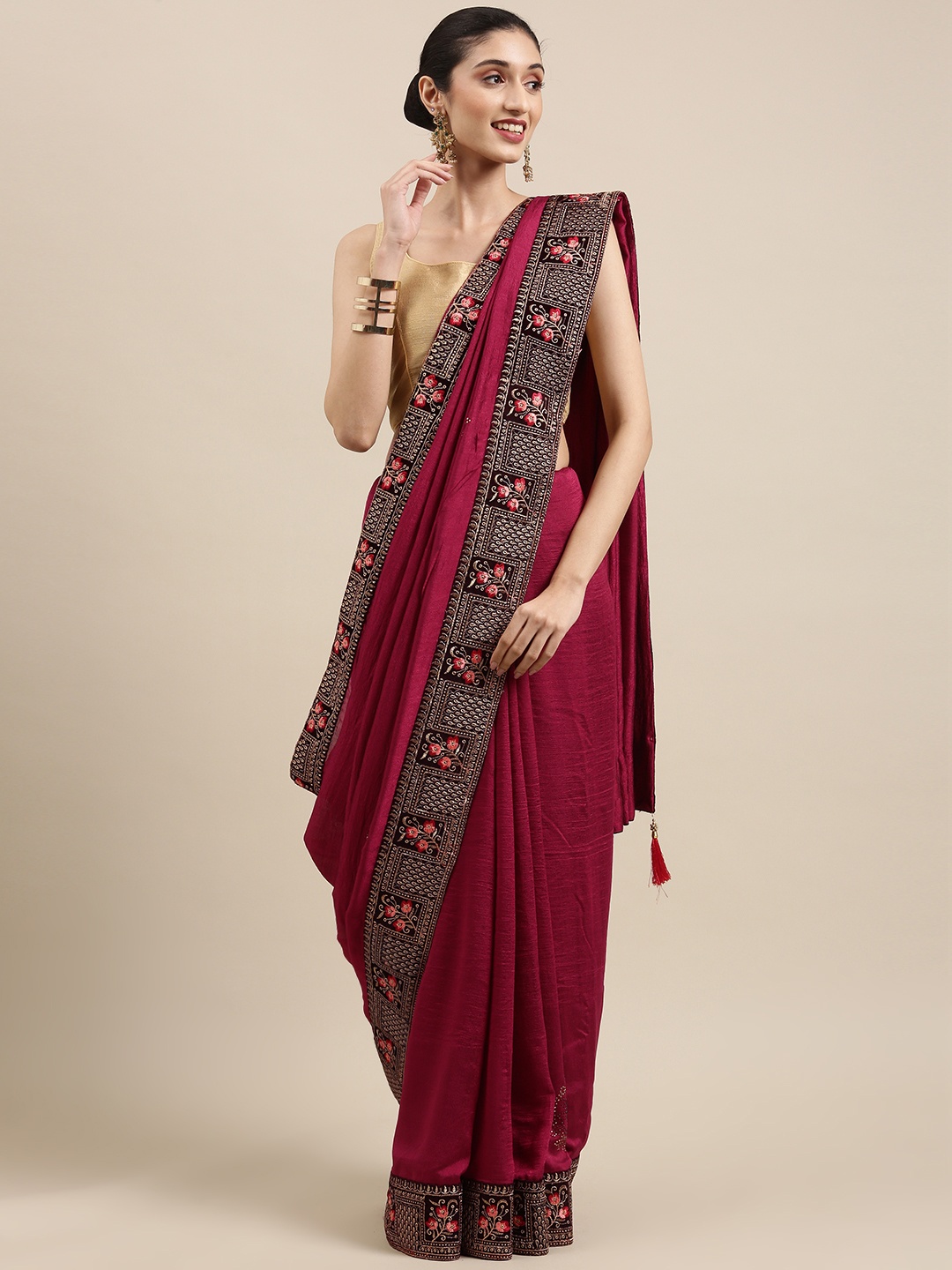 

Indian Women Burgundy Zari Silk Blend Ikat Saree