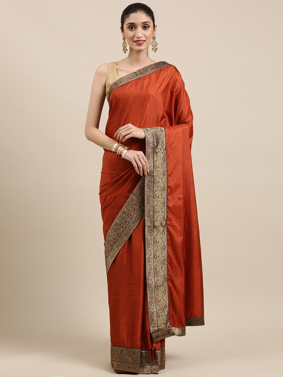 

Indian Women Orange Zari Silk Blend Saree
