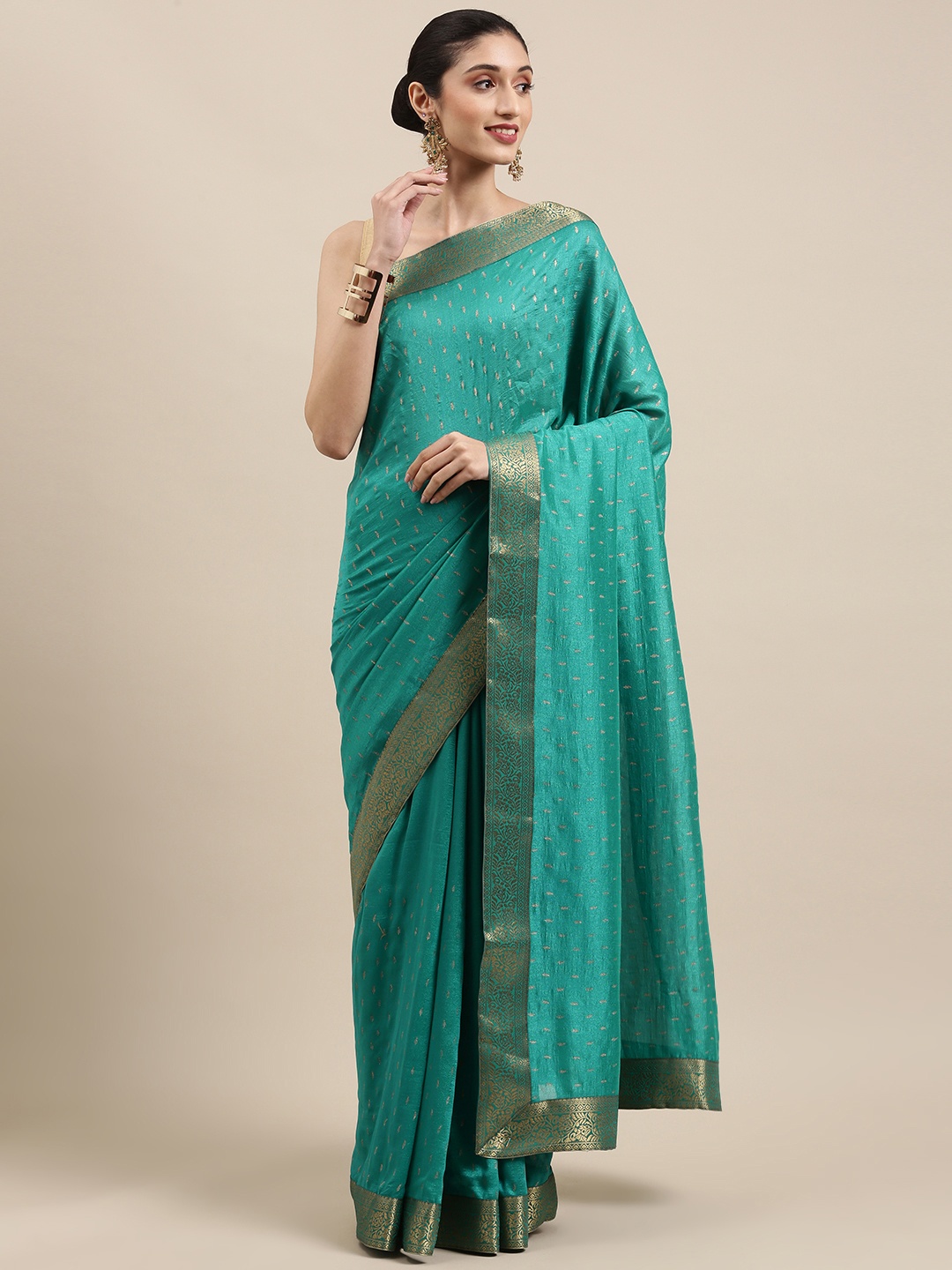 

Indian Women Sea Green Woven Design Zari Silk Blend Saree