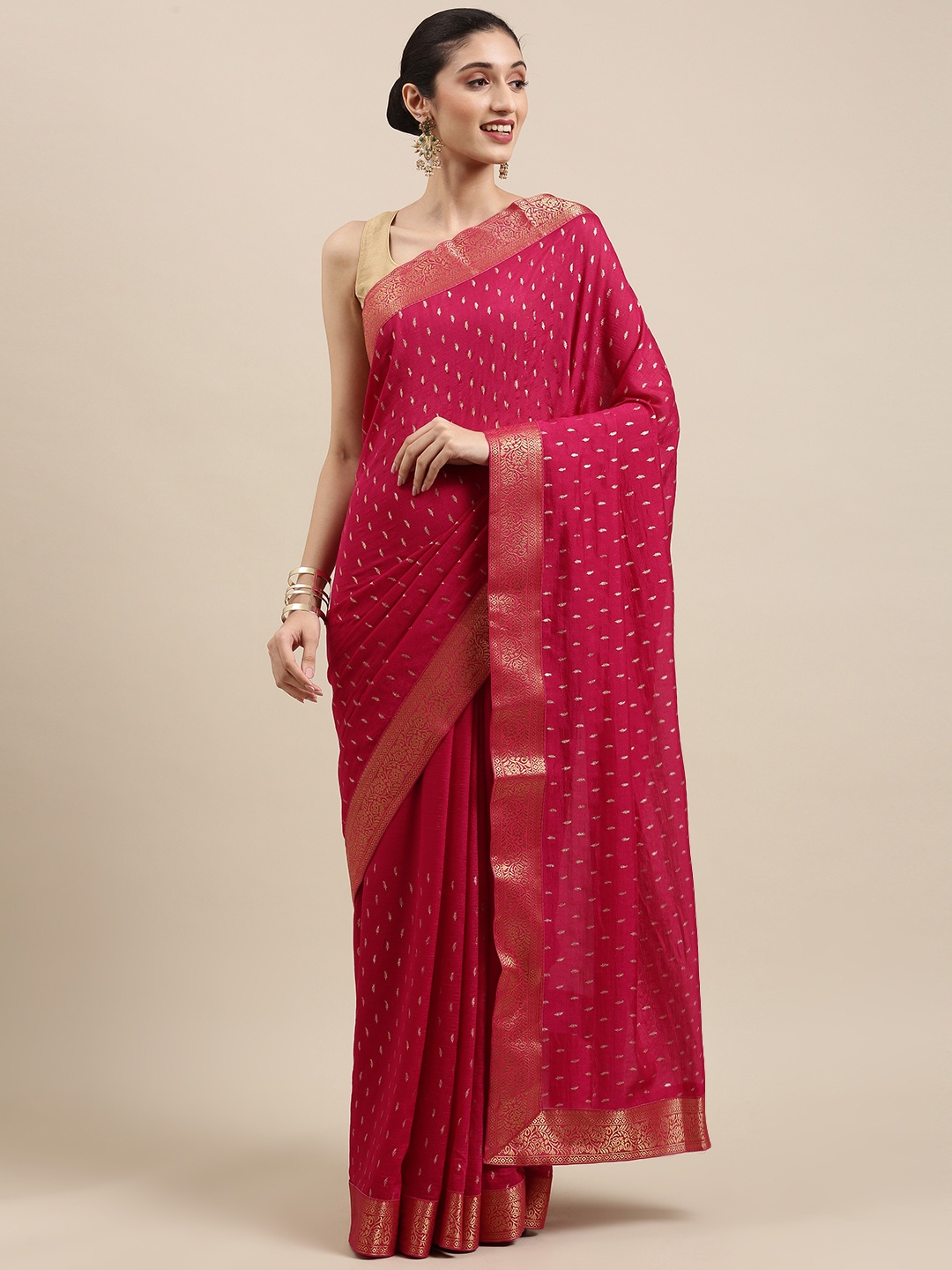 

Indian Women Pink Ethnic Motifs Zari Silk Blend Saree