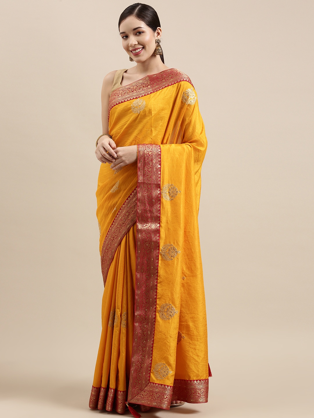

Indian Women Yellow Ethnic Motifs Zari Silk Blend Ikat Saree