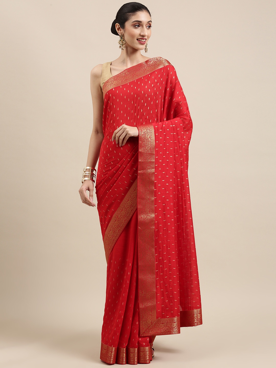 

Indian Women Red Ethnic Motifs Zari Silk Blend Saree