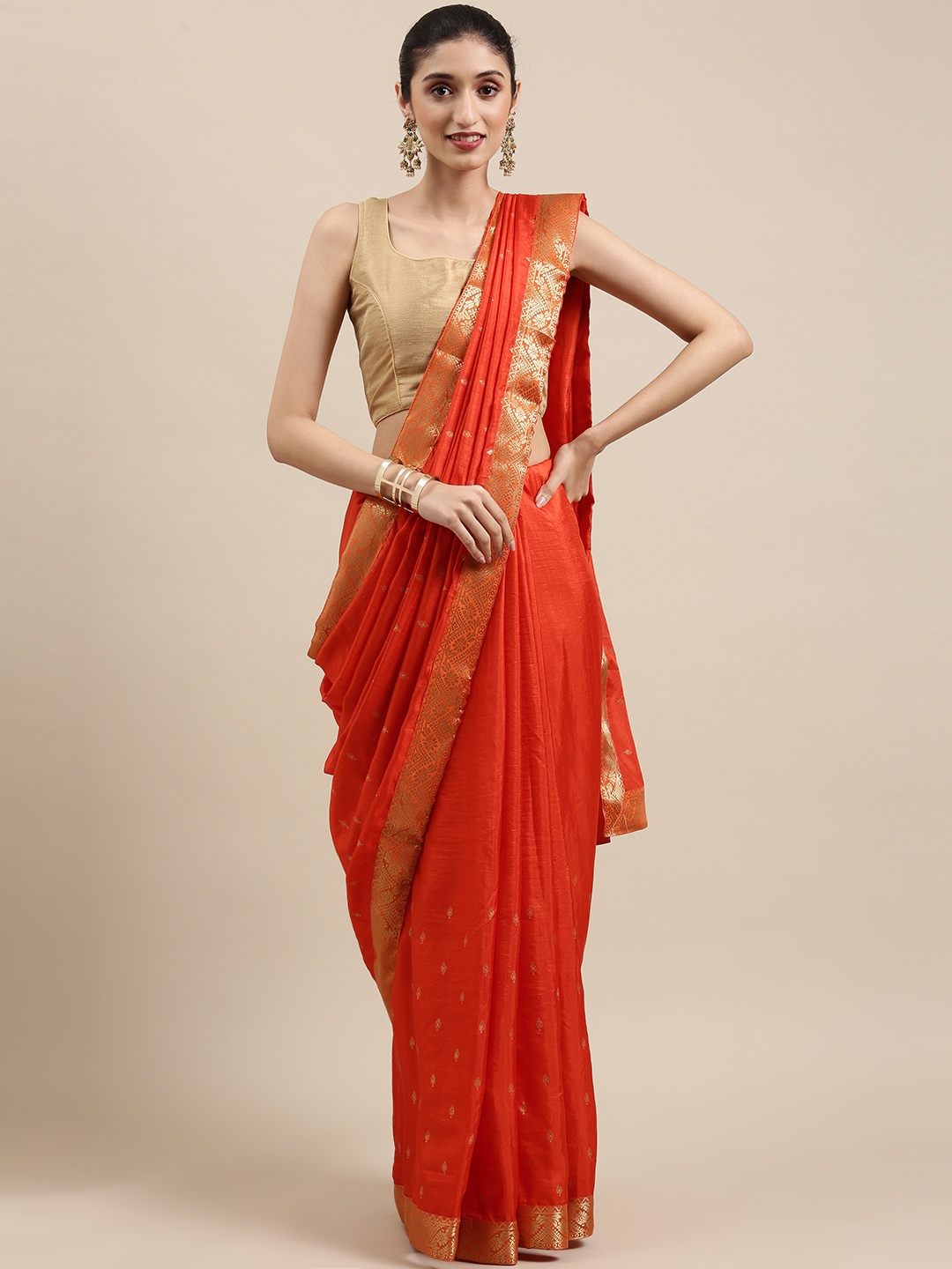 

Indian Women Orange Ethnic Motifs Zari Silk Blend Saree