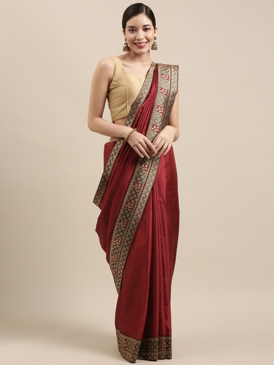 

Indian Women Maroon Zari Silk Blend Saree