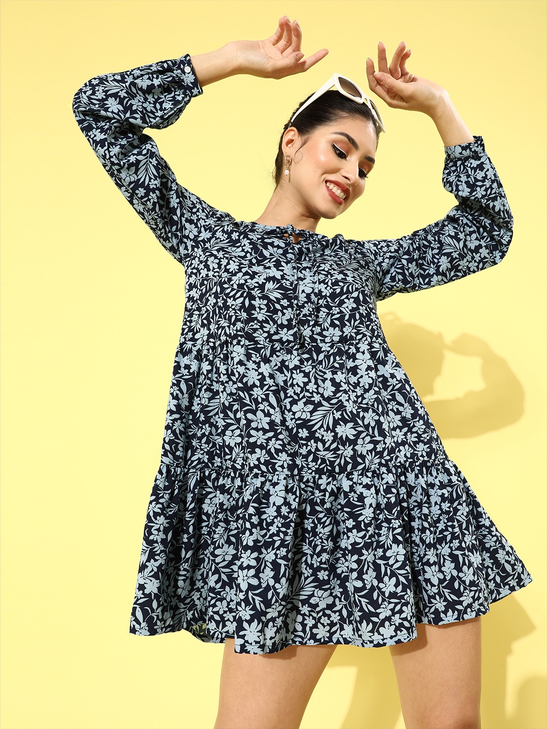 

The Vanca Women Navy Blue Floral Flared Dress