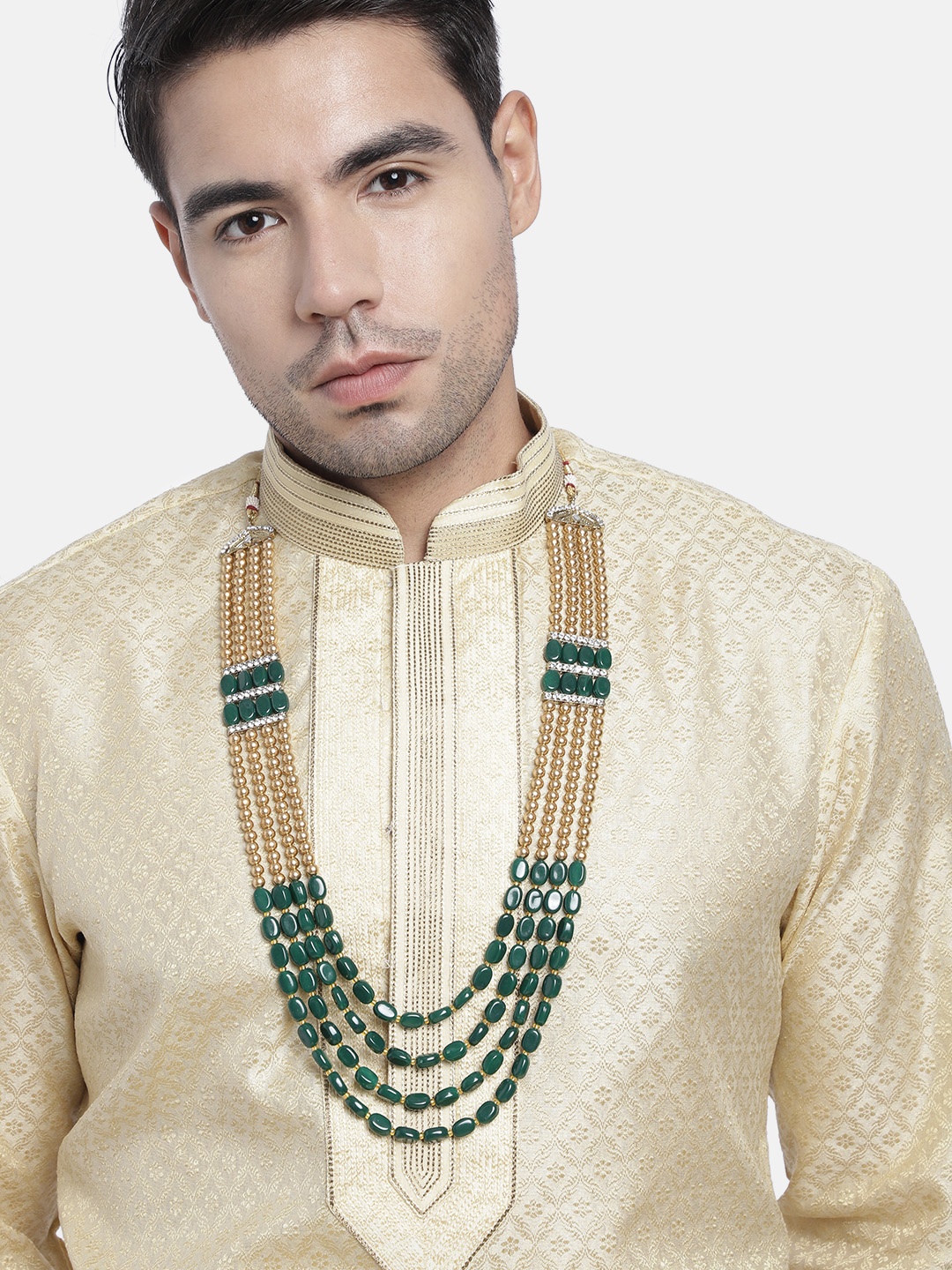 

I Jewels Men Green & Gold-Toned Gold-Plated Layered Necklace