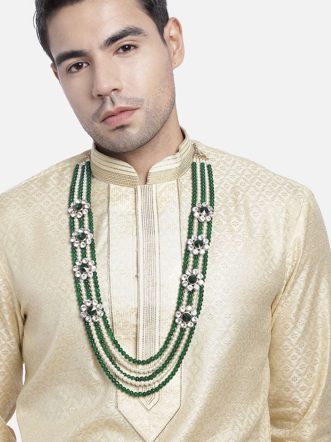 

I Jewels Men Green & White Gold-Plated Layered Necklace