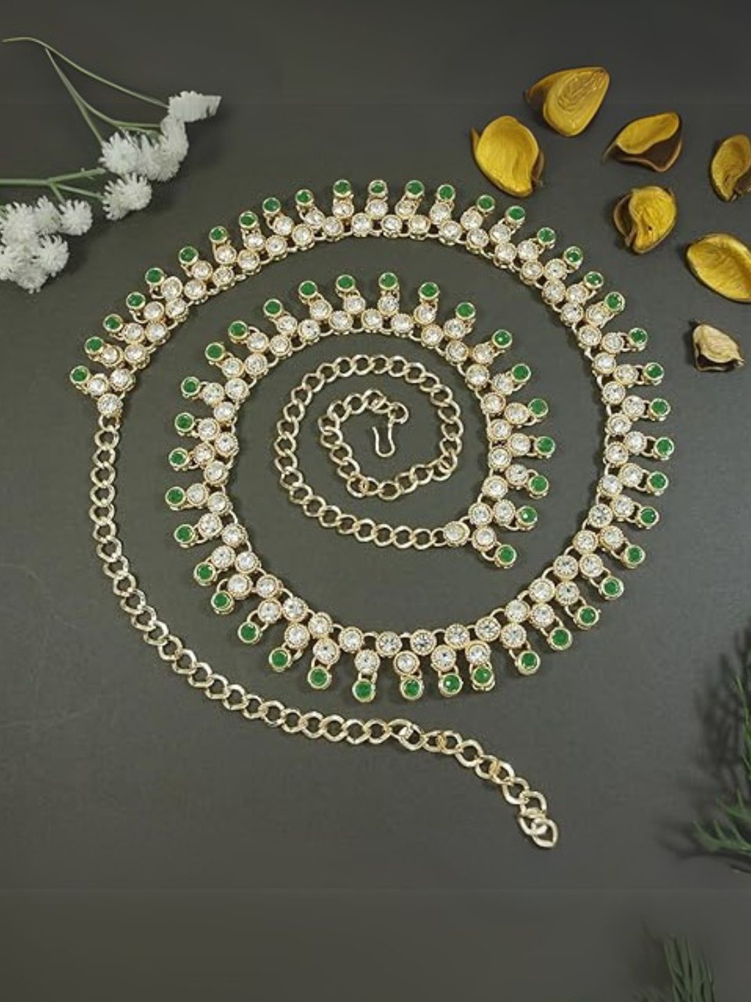 

I Jewels Gold-Plated Green Kundan Stone Studded & Beaded Kamarbandh
