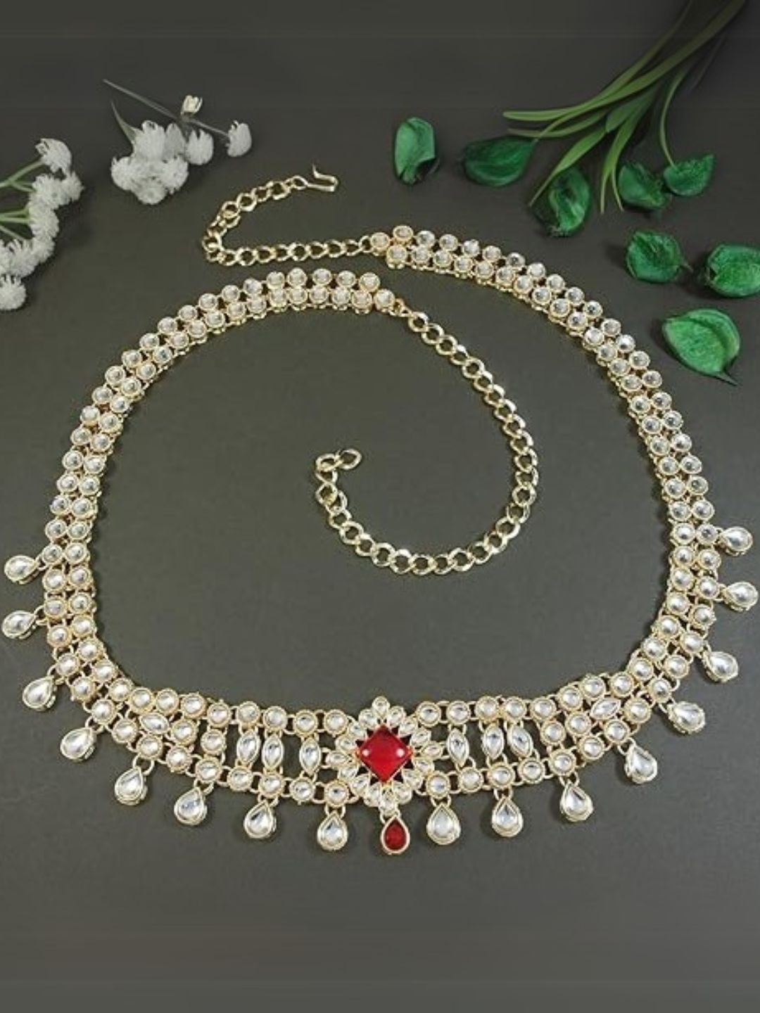 

I Jewels Gold-Plated Red Kundan Studded Kamarbandh