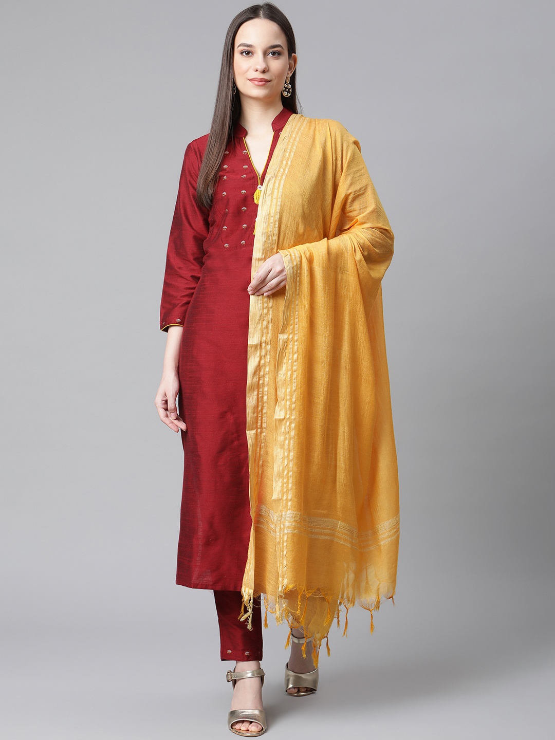 

Jompers Women Maroon Regular Kurta with Trousers & With Dupatta