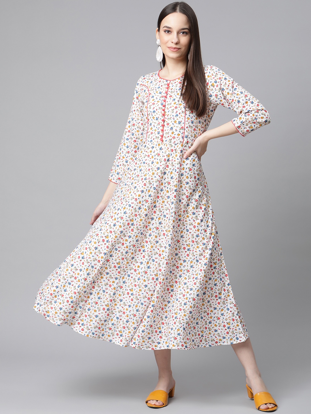 

Jompers White & Blue Floral Printed A-Line Midi Dress