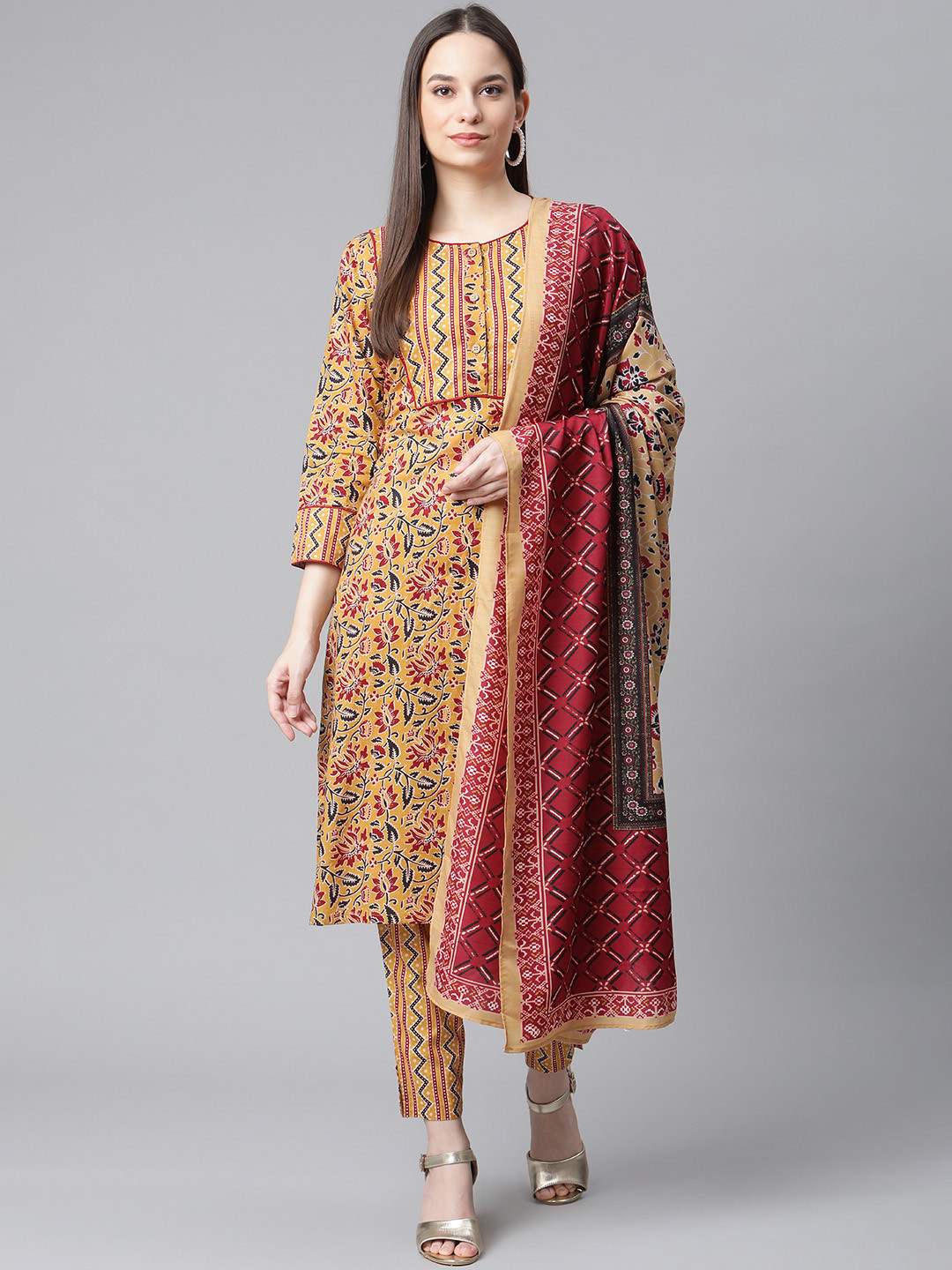 

Jompers Women Mustard Yellow & Maroon Floral Pure Cotton Kurta with Trousers & Dupatta