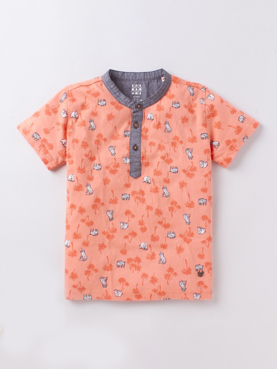 

Ed-a-Mamma Boys Orange Printed Henley Neck Tropical T-shirt