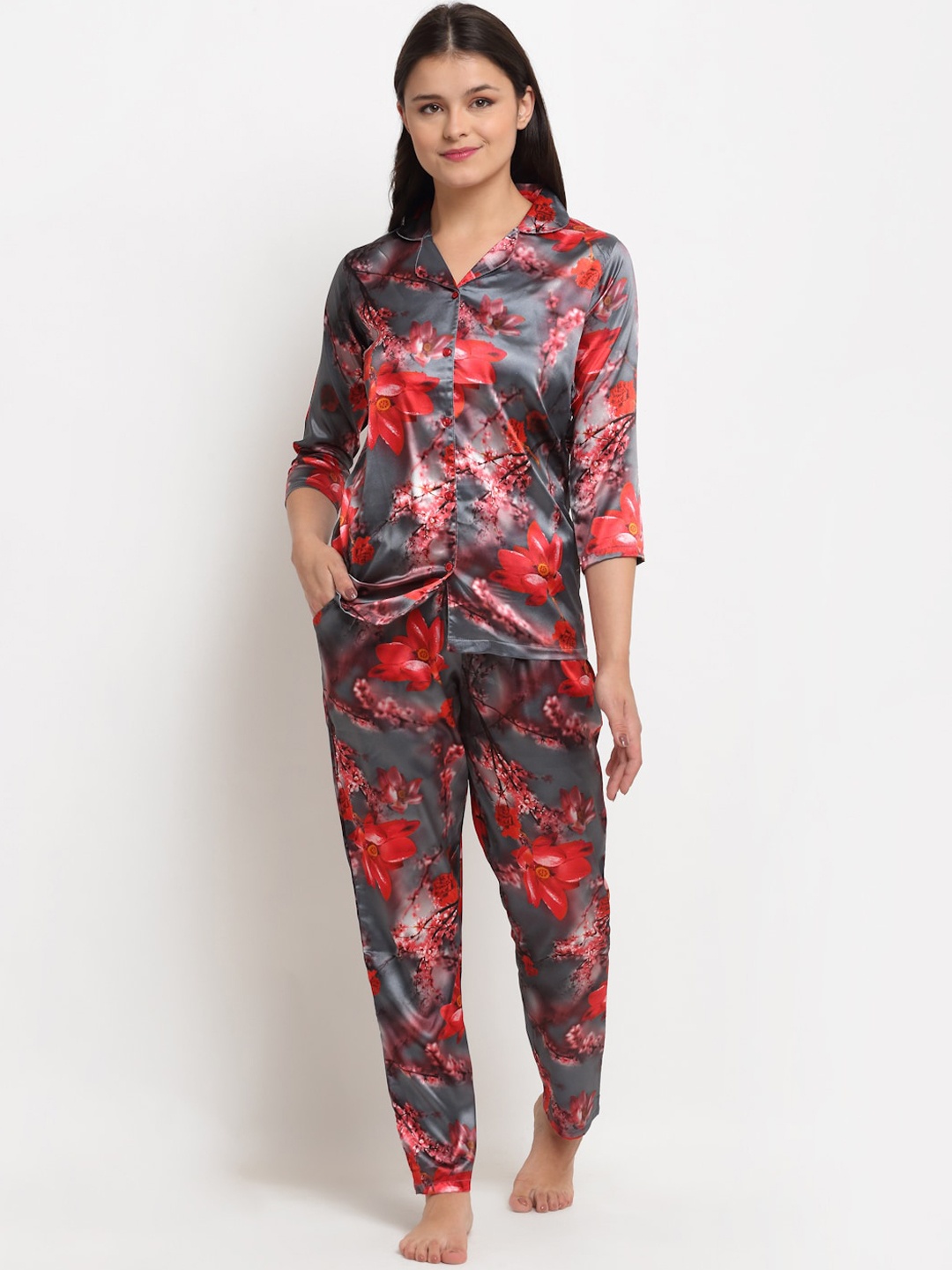 

Claura Women Grey & Red Printed Night suit