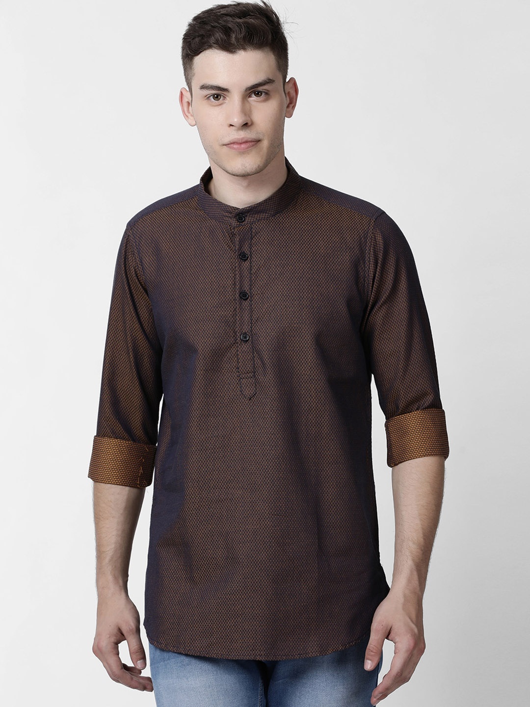 

Cross Court Men Brown Geometric Dobby Kurta