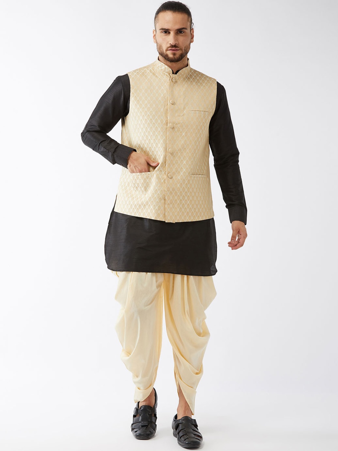 

VASTRAMAY Men Black Layered Kurta Dhoti Pants with Jacket