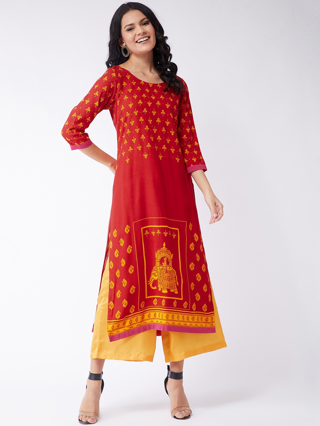 

Pannkh Women Red Ethnic Motifs Printed Bottom Placement Sindoor Anarkali Kurta