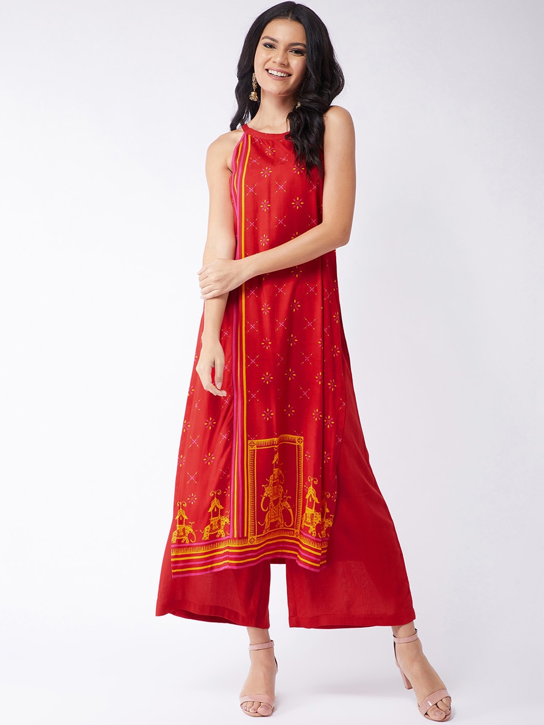 

Pannkh Women Red Sindoor Incut Digital Printed Kurta