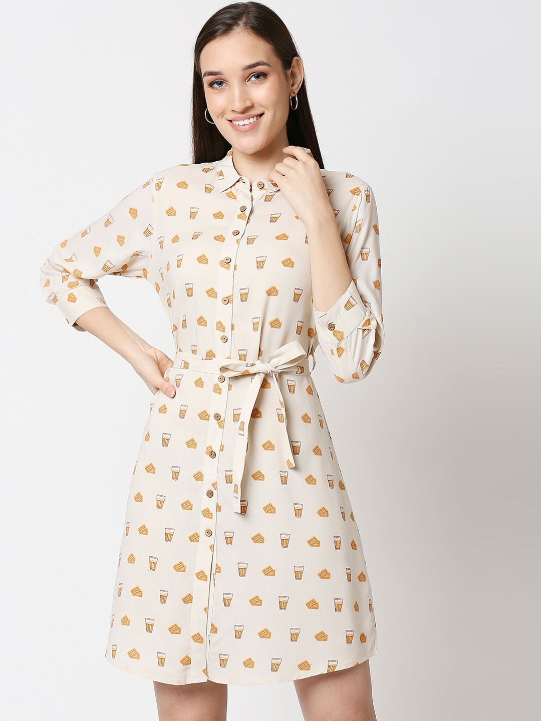 

Bewakoof Beige Ethnic Printed Shirt Dress