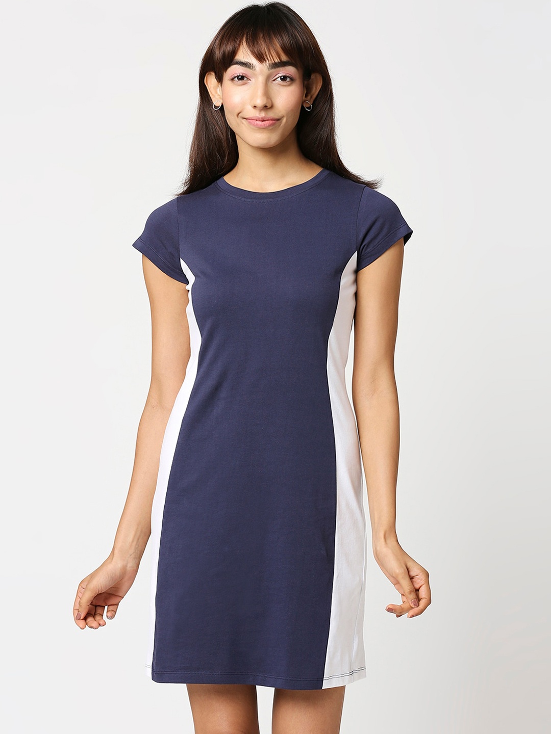 

Bewakoof Blue Plain Solid Side Cut N Sew Cap Sleeves Sheath Dress