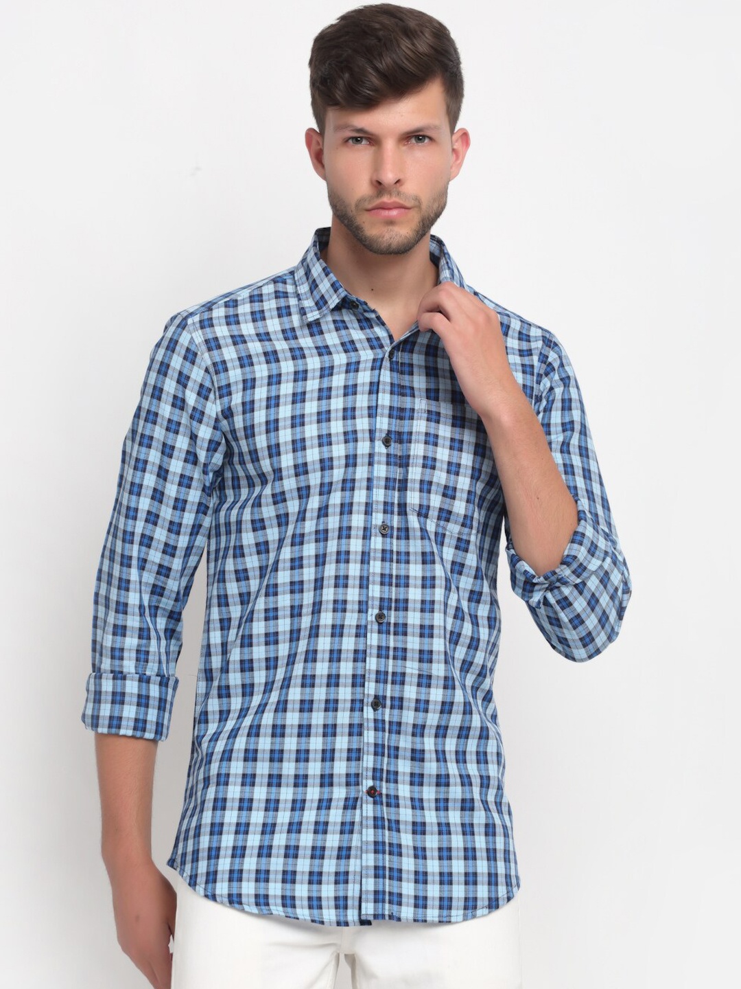 

Cross Court Men Blue Opaque Checked Casual Shirt