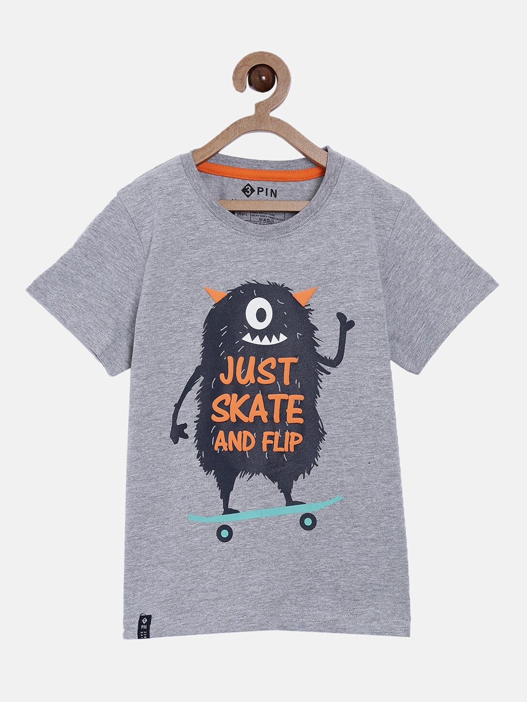 

3PIN Boys Grey Black Typography Drop-Shoulder Sleeves Pure Cotton T-shirt