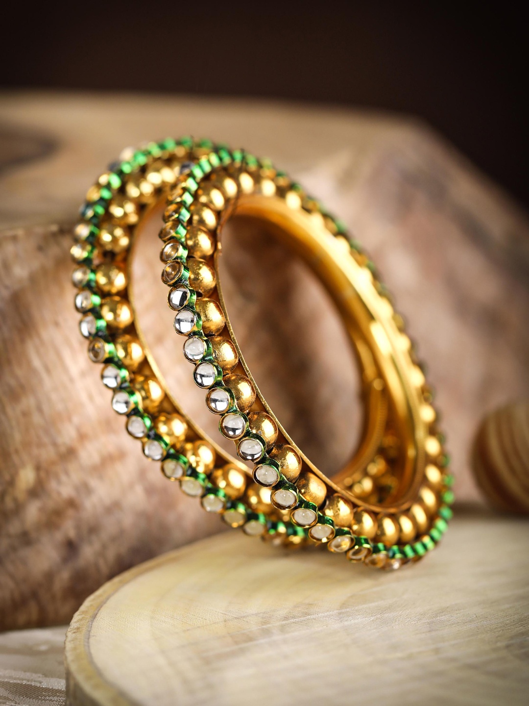 

Priyaasi Set Of 2 Gold-Plated & Green Kundan-Studded Handcrafted Bangles