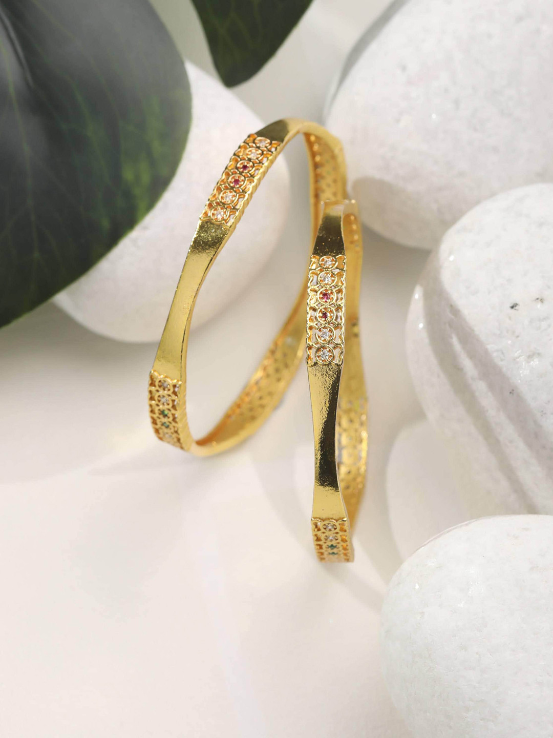 

Priyaasi Green American Diamond Gold Plated Set of 2 Bangle Set