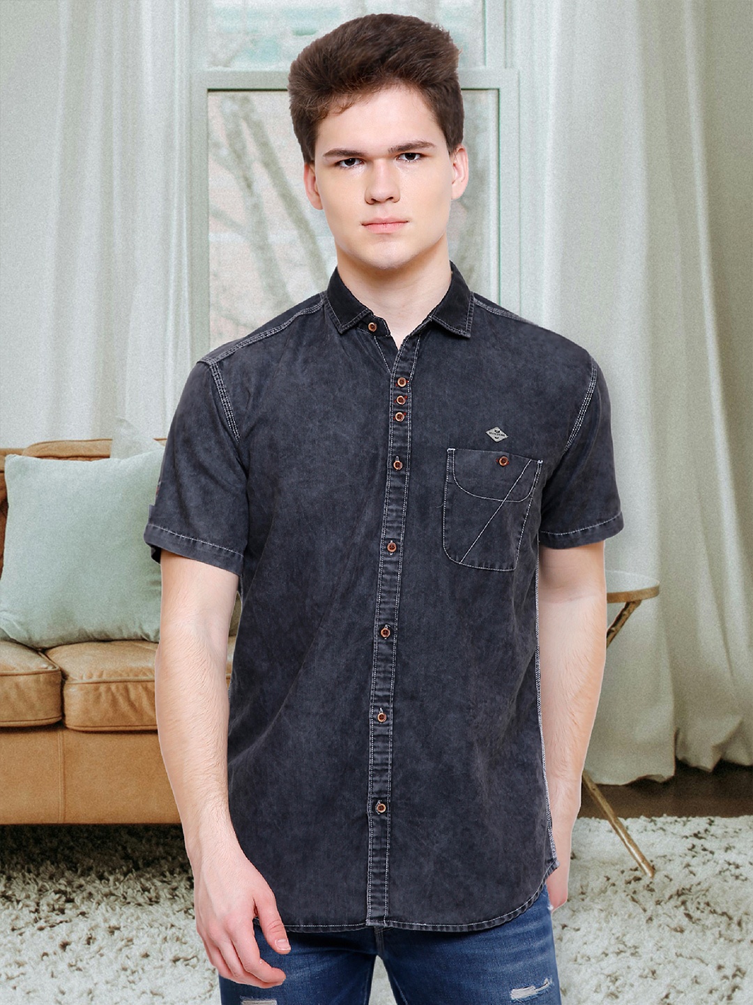 

Kuons Avenue Men Charcoal Grey Smart Slim Fit Denim Casual Shirt, Black