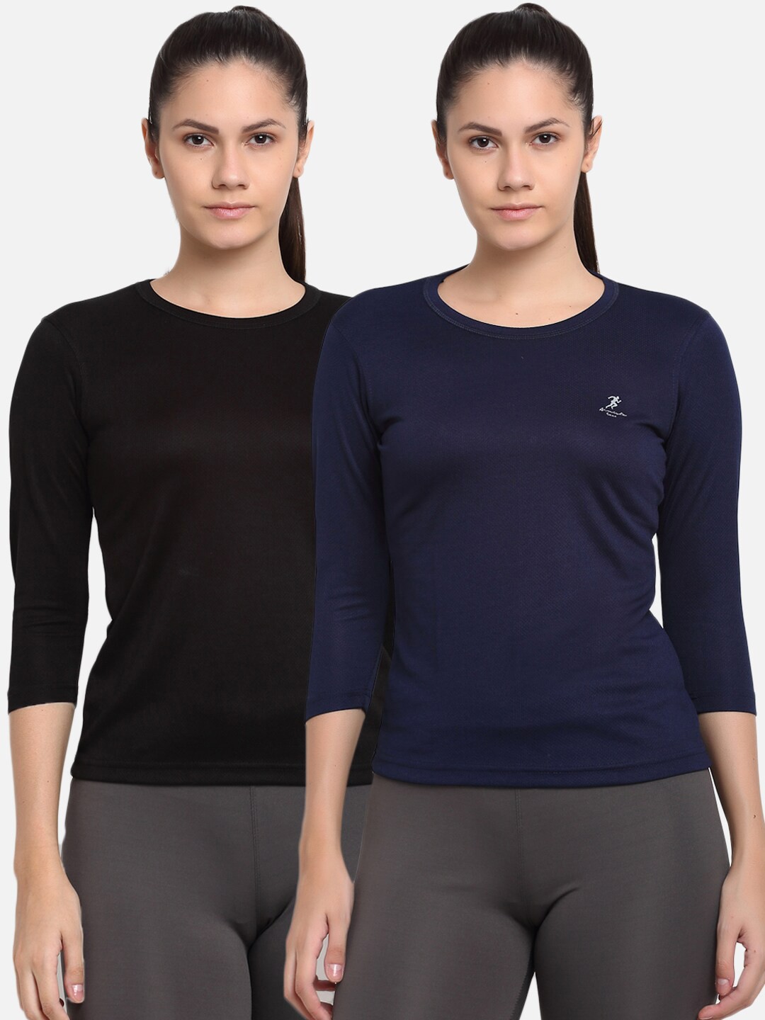 

ARMISTO Women Navy Pack Of 2 Blue & Black Dri-FIT Slim Fit Training or Gym T-shirts, Navy blue
