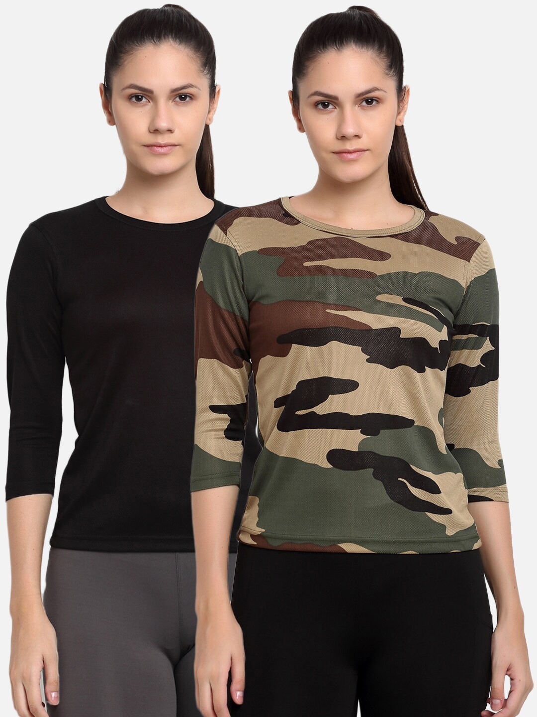 

ARMISTO Women Pack Of 2 Olive Green & Black Dri-FIT Slim Fit Training or Gym T-shirts