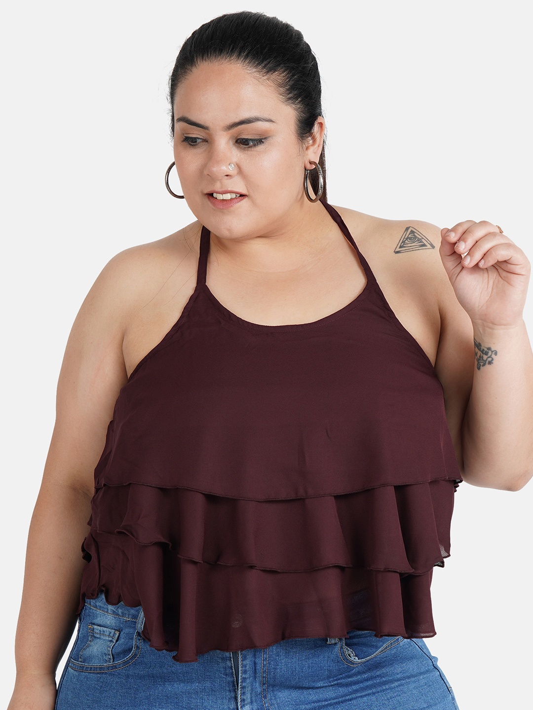 

Indietoga Plus Size Maroon Ruffles Georgette Tiered Top