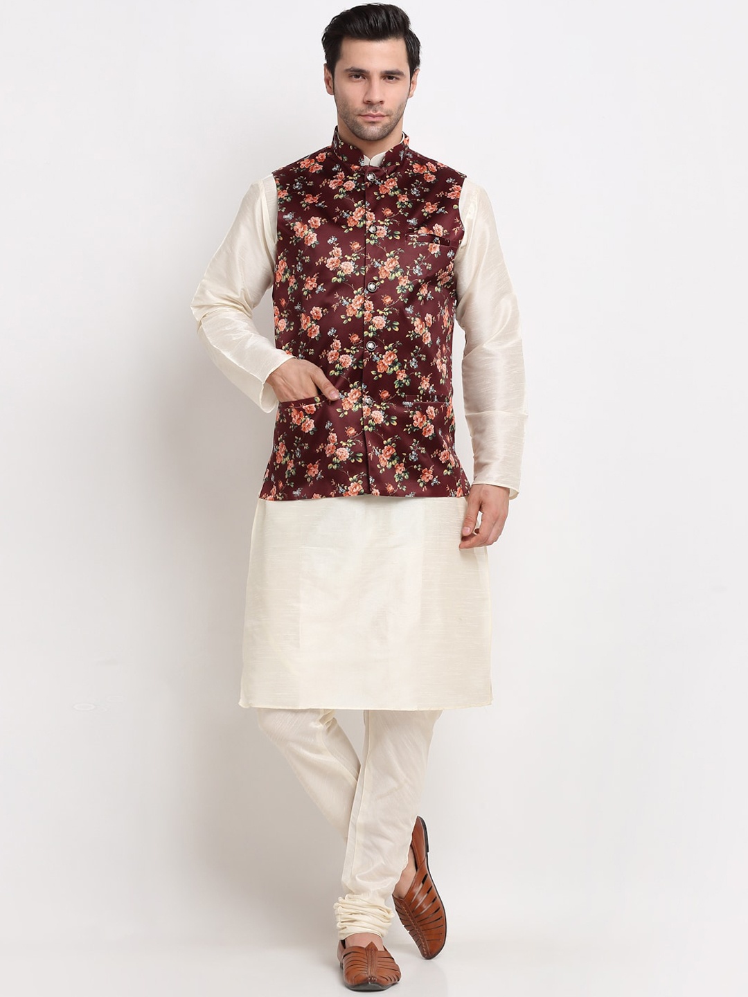 

KRAFT INDIA Men Cream-Coloured Kurta & Churidar with Printed Nehru Jacket