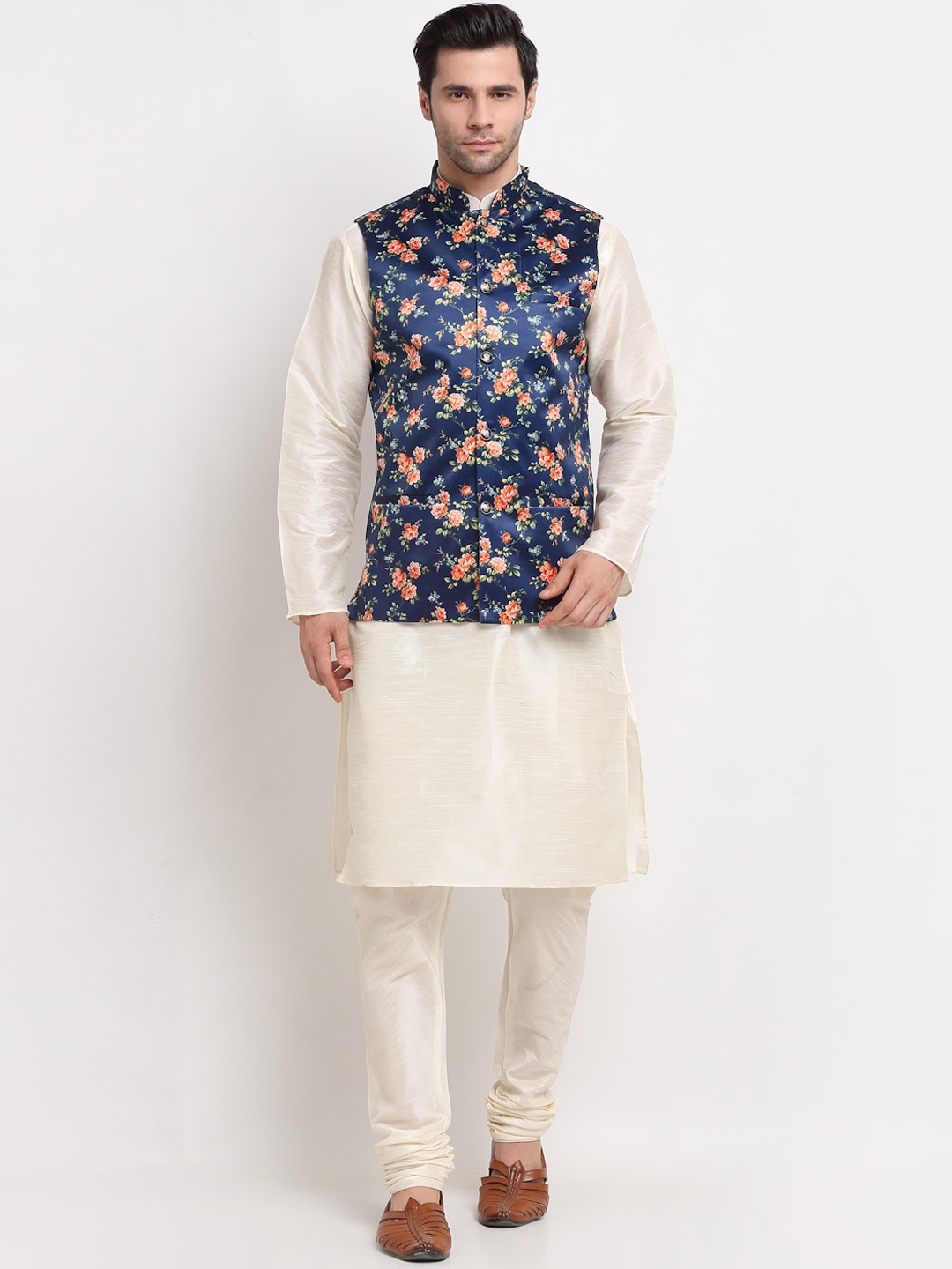 

KRAFT INDIA Men Kurta with Churidar & Printed Nehru Jacket, Cream