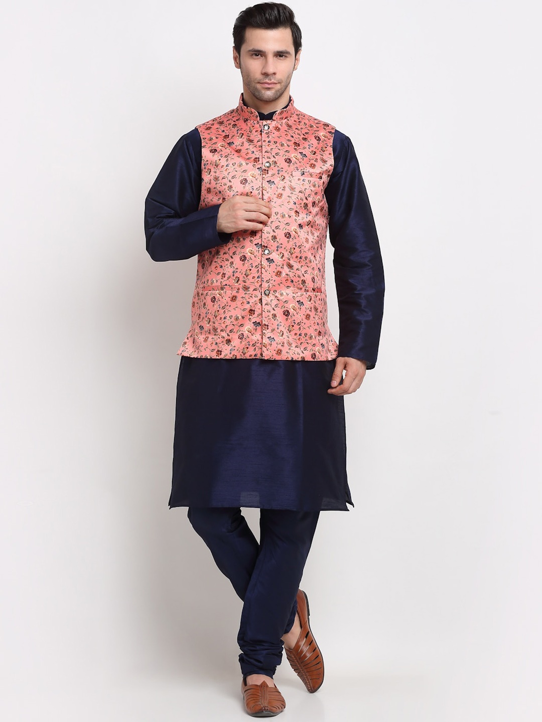 

KRAFT INDIA Men Kurta with Churidar & Printed Nehru Jacket, Navy blue