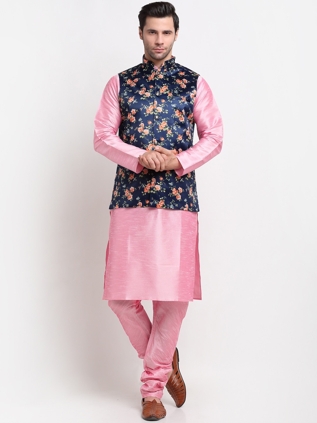 

KRAFT INDIA Men Pink Regular Dupion Silk Kurta with Pyjamas & Printed Nehru Jacket