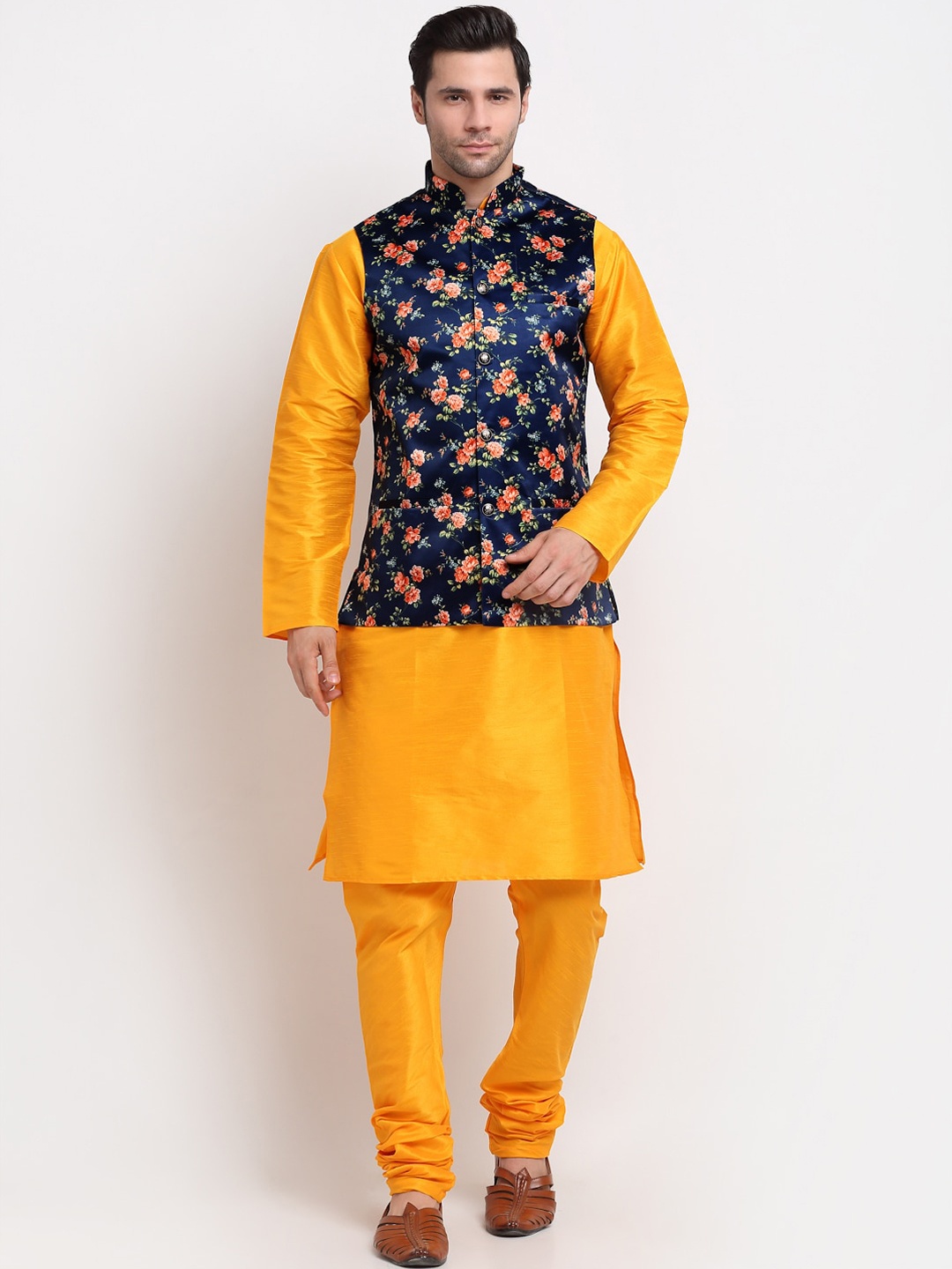 

KRAFT INDIA Dupion Silk Kurta With Churidar & Nehru Jacket, Mustard