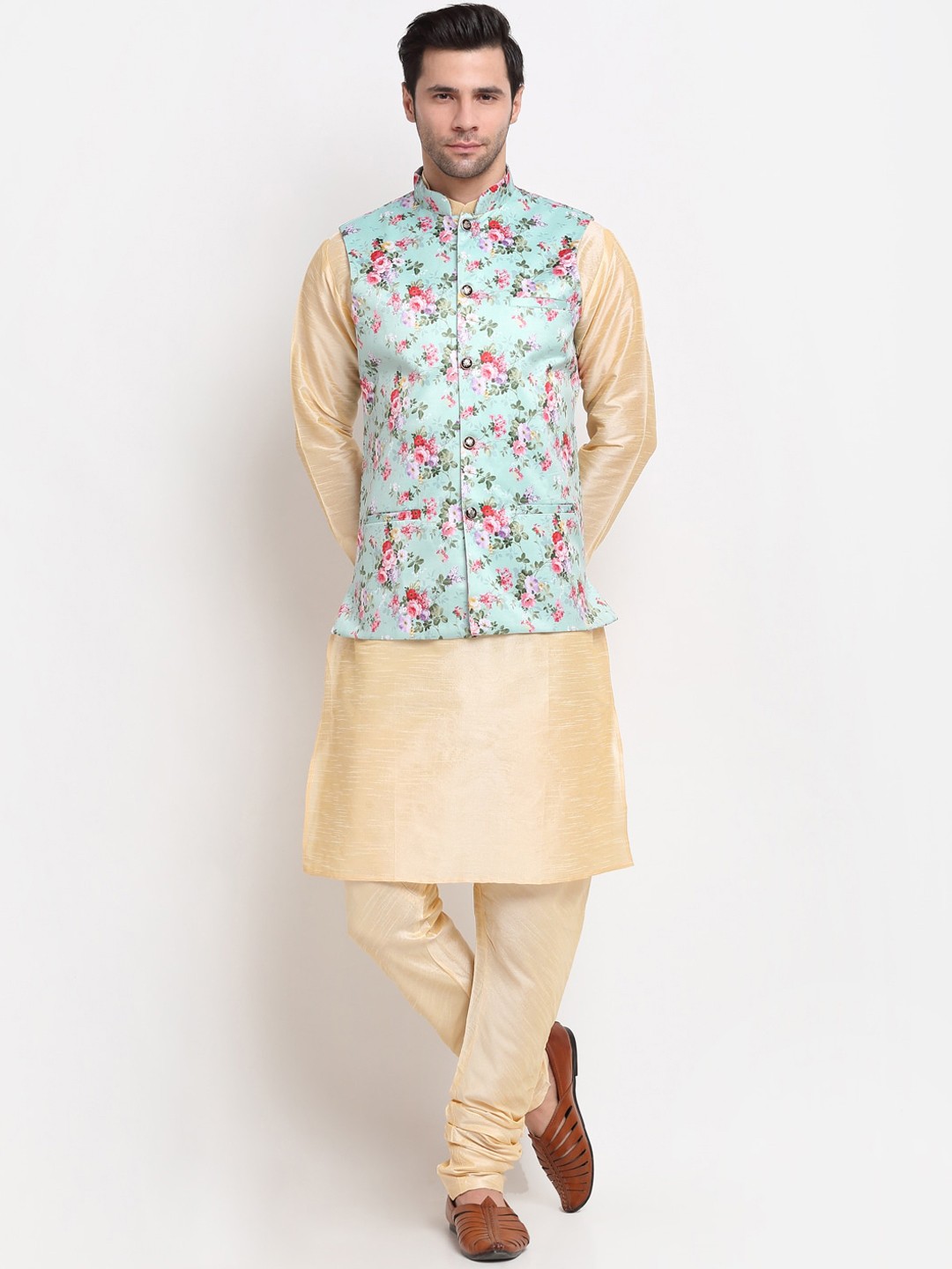 

KRAFT INDIA Men Kurta with Churidar & Printed Nehru Jacket, Beige