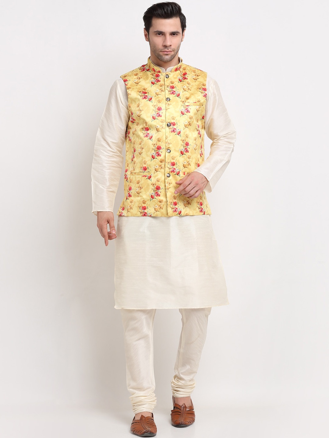 

KRAFT INDIA Dupion Silk Kurta With Churidar & Nehru Jacket, Cream