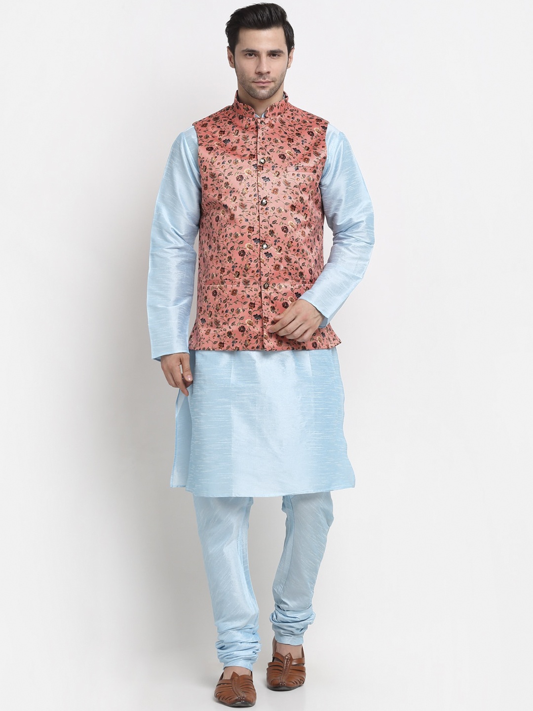 

KRAFT INDIA Men Regular Dupion Silk Kurta with Churidar & Printed Nehru Jacket, Turquoise blue