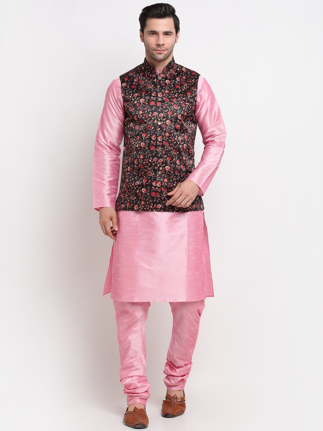 

KRAFT INDIA Men Pink Kurta & Churidar with Printed Nehru Jacket