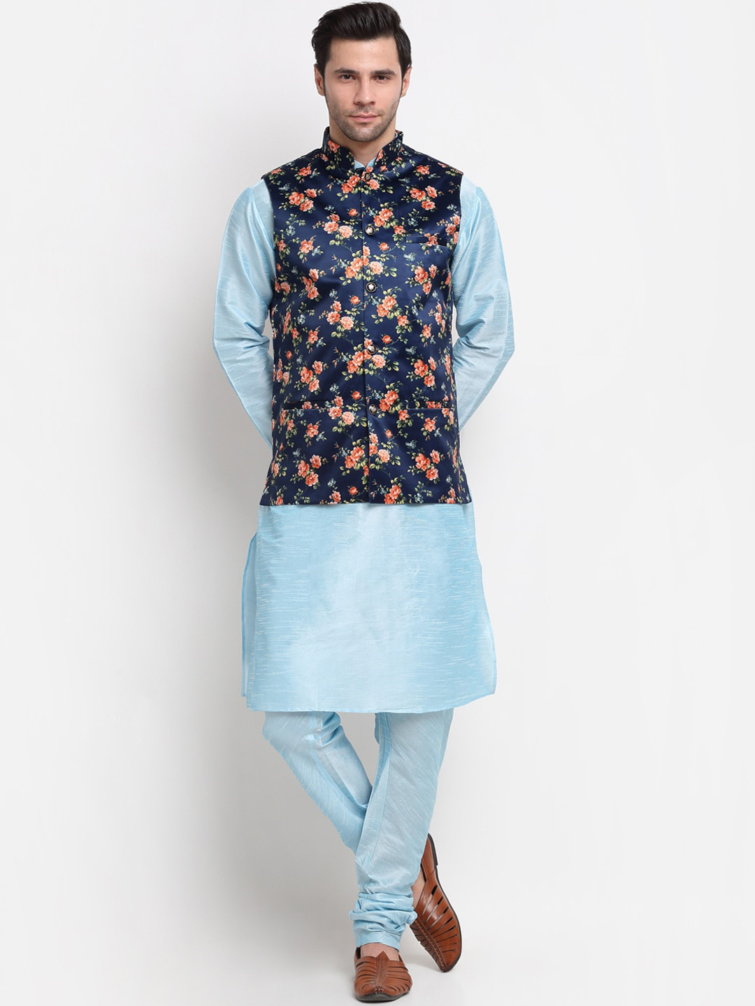 

KRAFT INDIA Men Kurta with Churidar & Printed Nehru Jacket, Turquoise blue