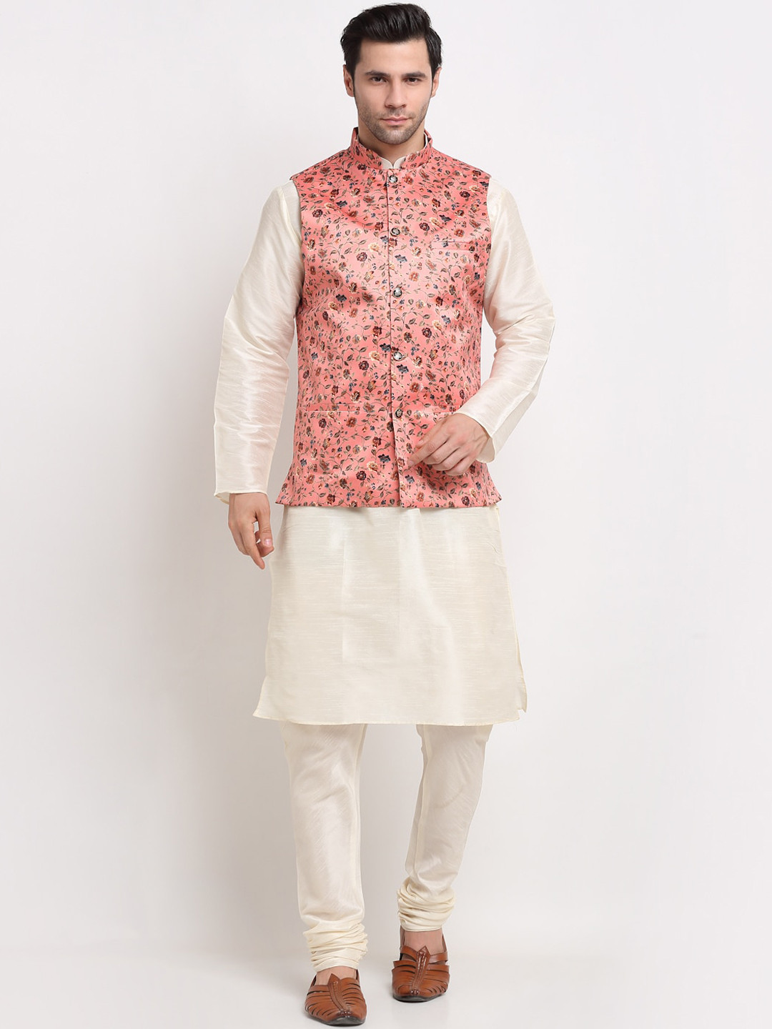 

KRAFT INDIA Men Kurta with Churidar & Printed Nehru Jacket, Cream