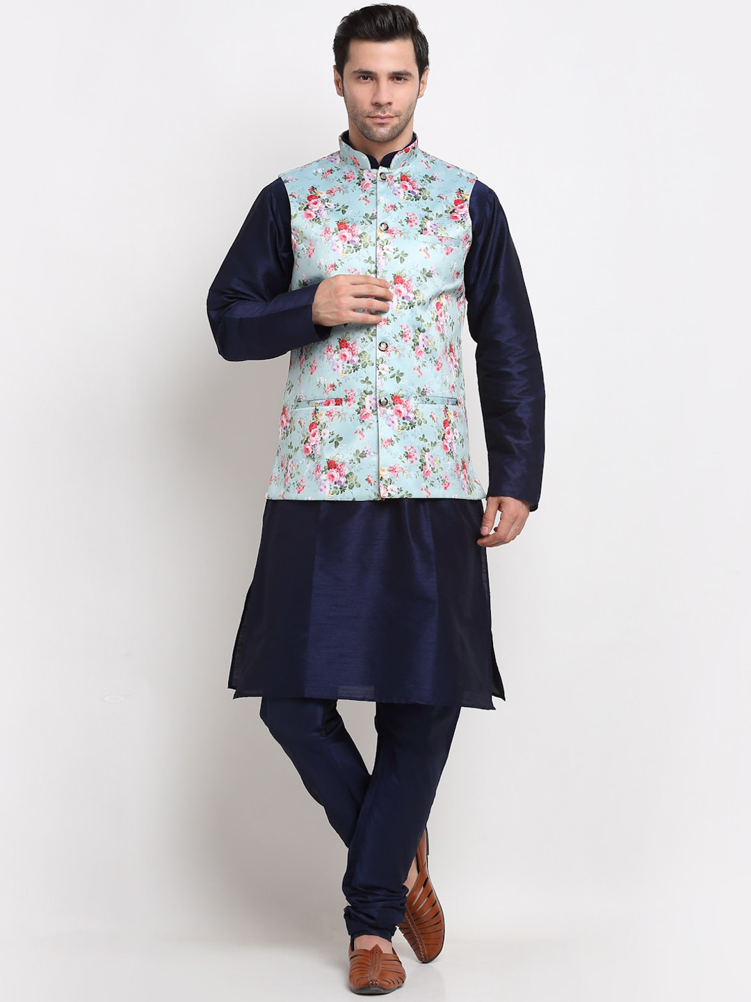 

KRAFT INDIA Men Navy Blue Kurta & Churidar with Printed Nehru Jacket