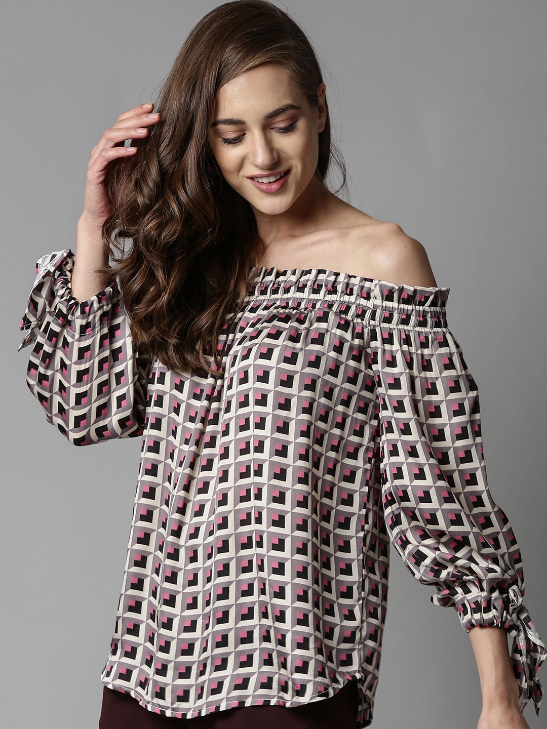 

RAREISM Multicoloured Geometric Off-Shoulder Bardot Top, Multi