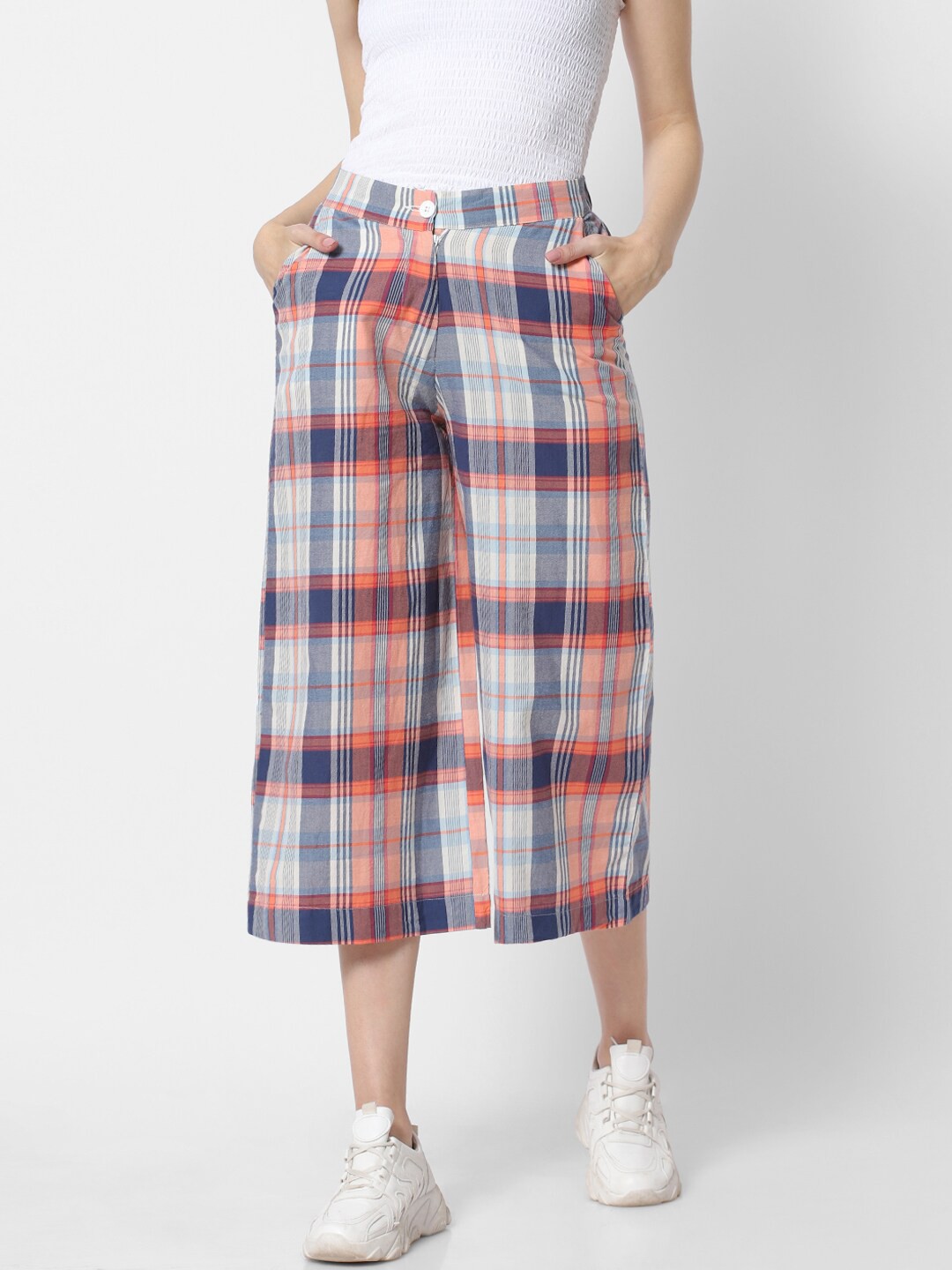 

MARCA Disati Women Blue & Orange Checked Knitted Cropped Palazzos