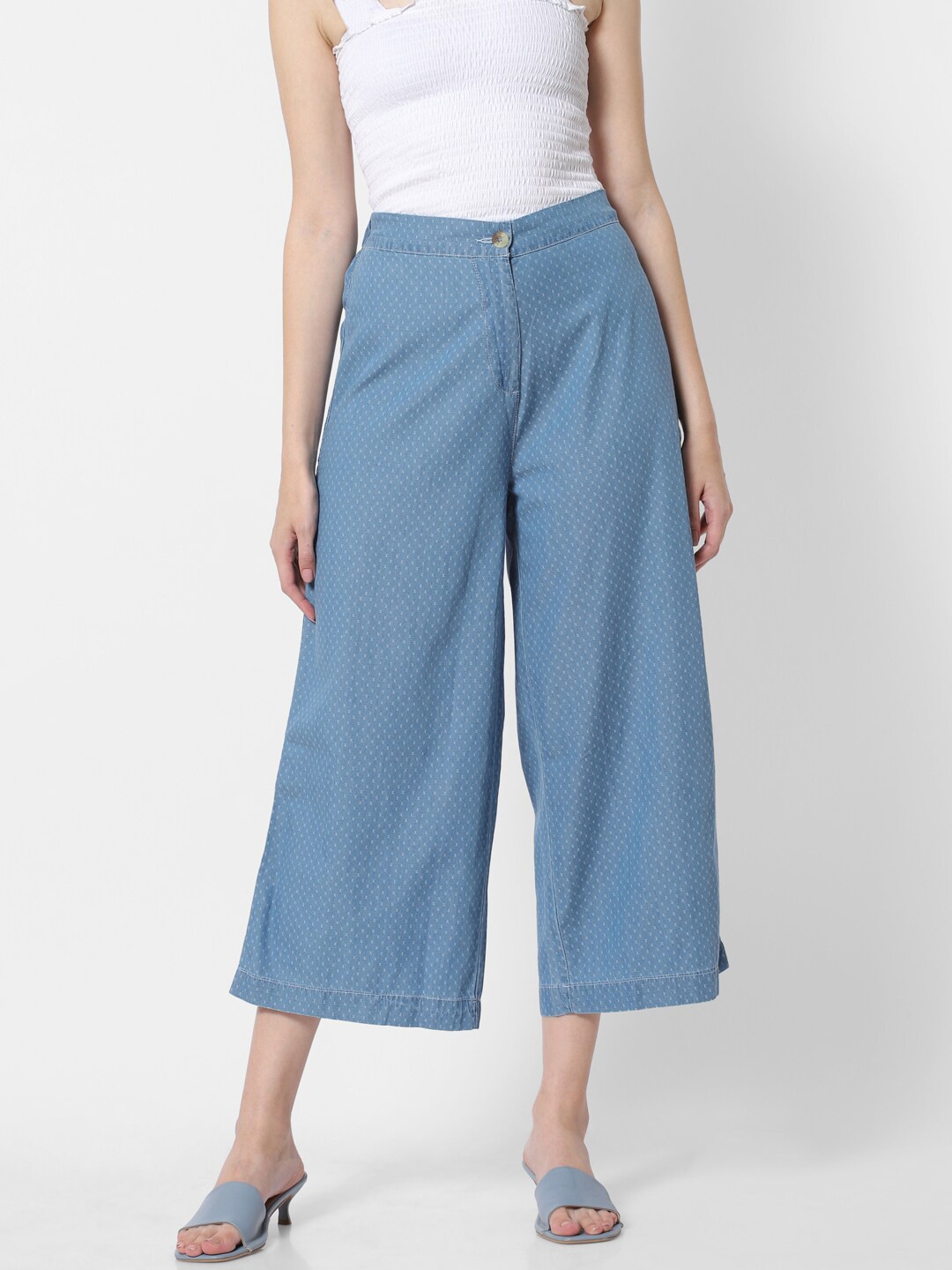 

MARCA Disati Women Blue & White Printed Knitted Cropped Palazzos