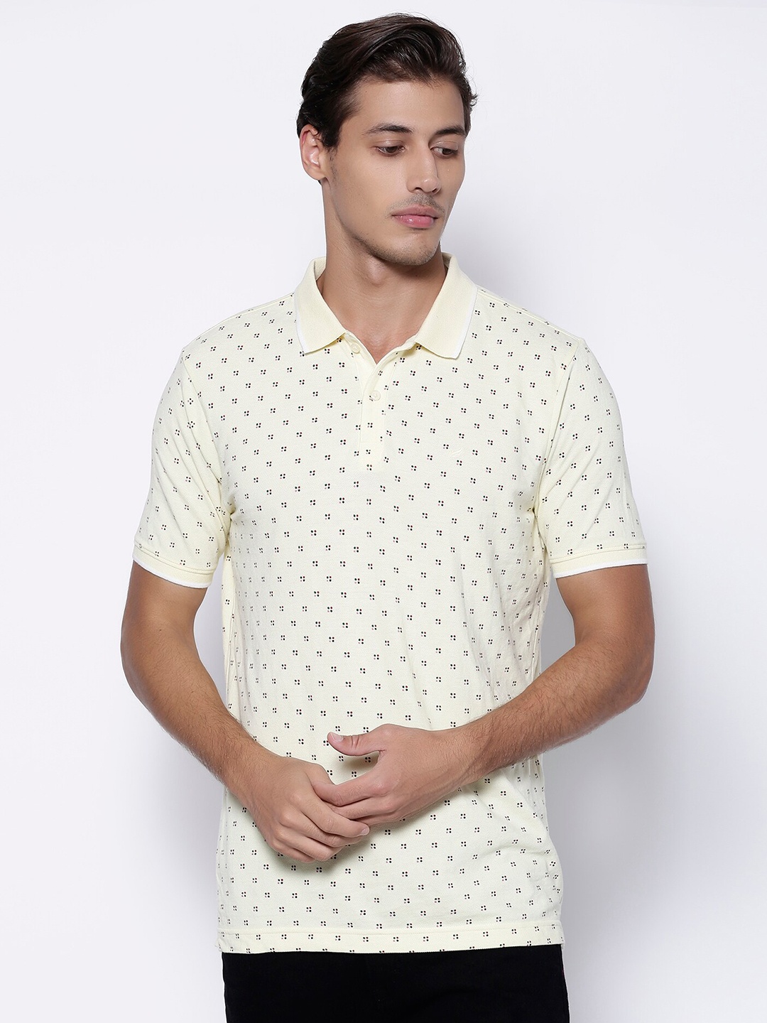 

Blackberrys Men Yellow Navy Blue Printed Polo Collar Slim Fit Cotton Pure Cotton T-shirt